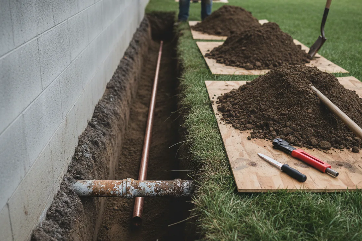 Excavated water line trench during Water Heater Repair in Cornelius